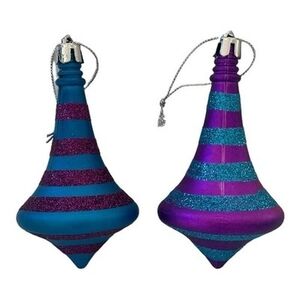 Pair Vintage Striped Sparkling Teardrop Ornaments Christmas Holiday Decor